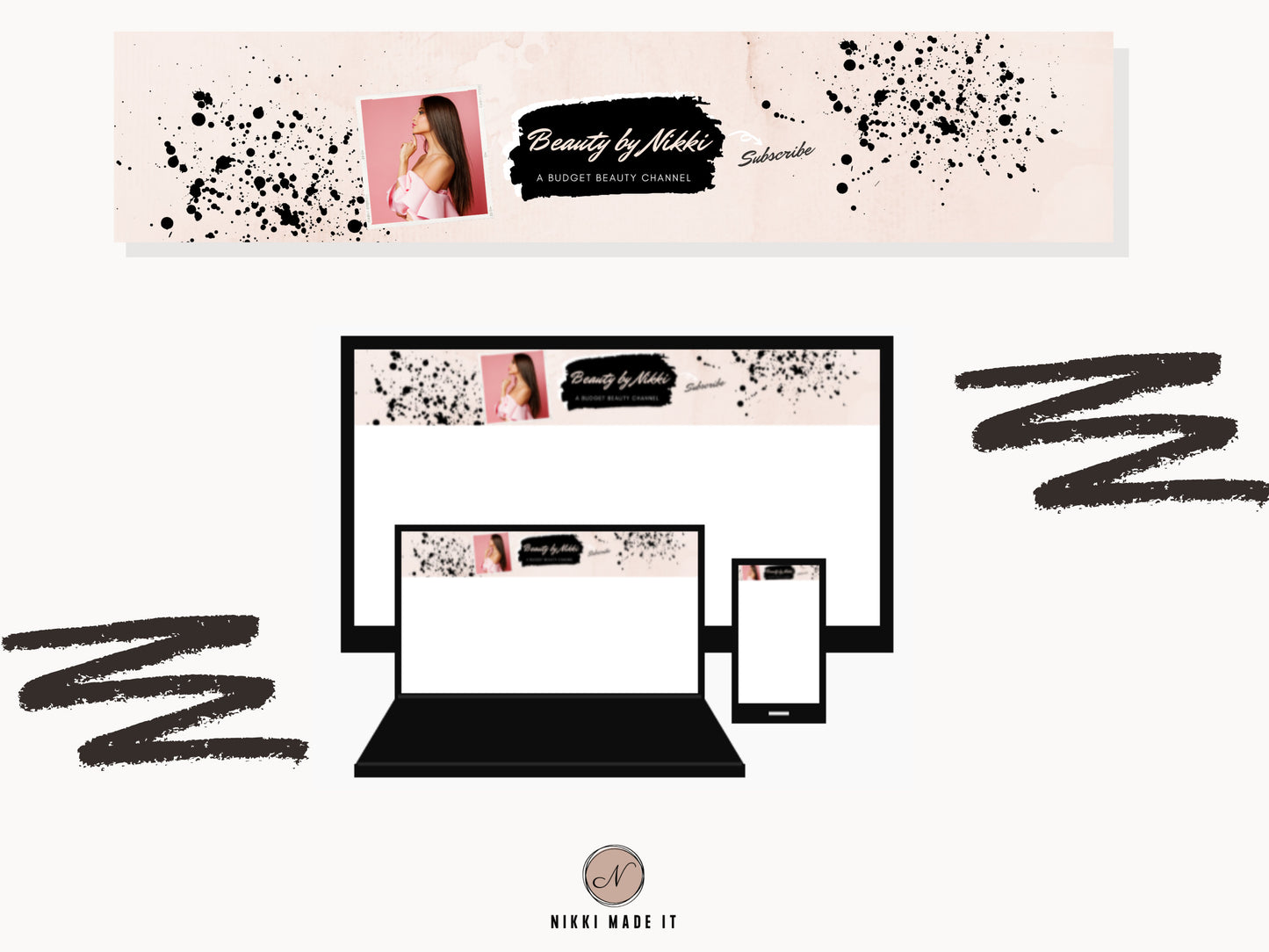 YouTube Banners, Thumbnails, End Screens Branding Kit - Rose Gold Paint Splash - Customizable