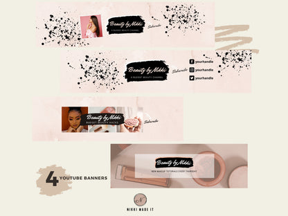 YouTube Banners, Thumbnails, End Screens Branding Kit - Rose Gold Paint Splash - Customizable