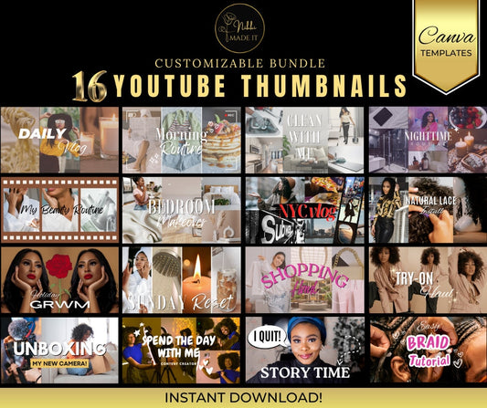 16 YouTube Thumbnail Templates | YouTube Thumbnail | DIY Branding Kit I Canva YouTube Template | YouTube Download - Customizable